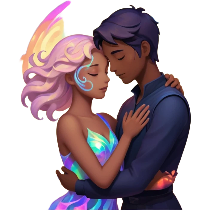 Two lovers surrounded by collapsing magic light, tragic dark fantasy romance emoji