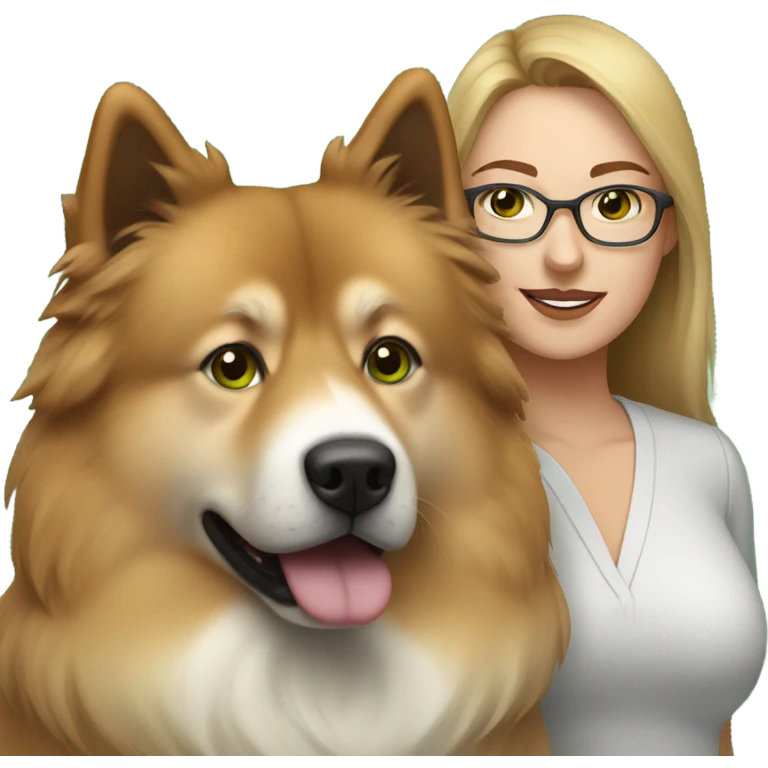 Brown light hair woman aux Green eyes with glasses Green eyes and White eurasier dog  emoji