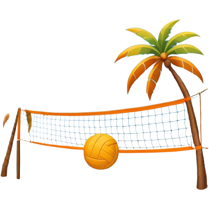 A volleyball resting on the orange sand of a beach, with a volleyball net in the background. The scene captures a sunny beach atmosphere with clear blue sea and sky, palm trees swaying, and people in swimsuits enjoying the vibrant surroundings emoji
