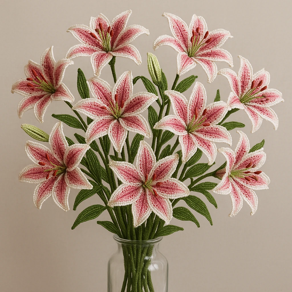 twelve french beaded stargazer lilies, detailed beadwork, pink and white petals with speckles, lush green stems, arranged in a vase, elegant and lifelike emoji