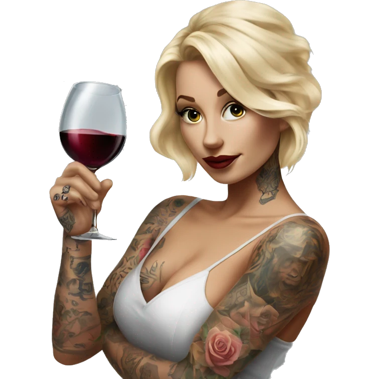 Blonde elegant women, her body covered with tattoos, wine in her one hand, pointing on you with her other hand , Hyper realistic emoji