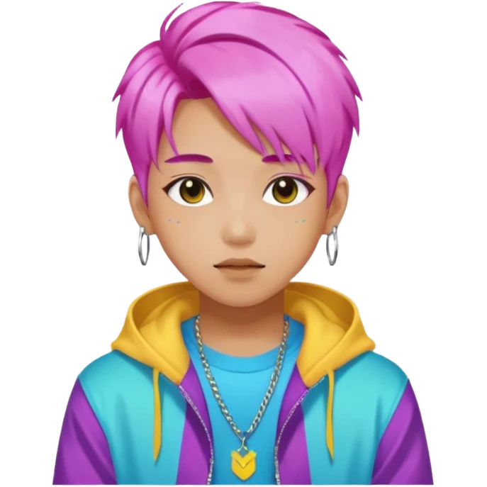 portrait of young idol in Kpop style, wearing flashy streetwear outfit, colorful dyed hair emoji