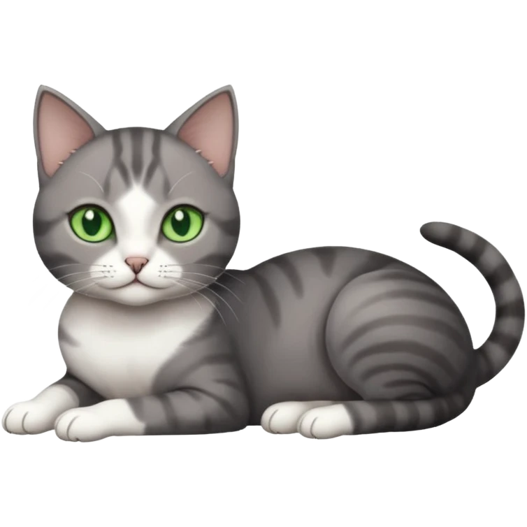 full body tiny short hair dark grey and white cat with white front legs and green  eyes lying down emoji