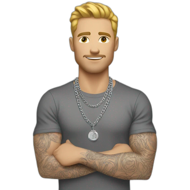 A strong white man wearing men silver chain,styled on a Full sleeve tshirt emoji