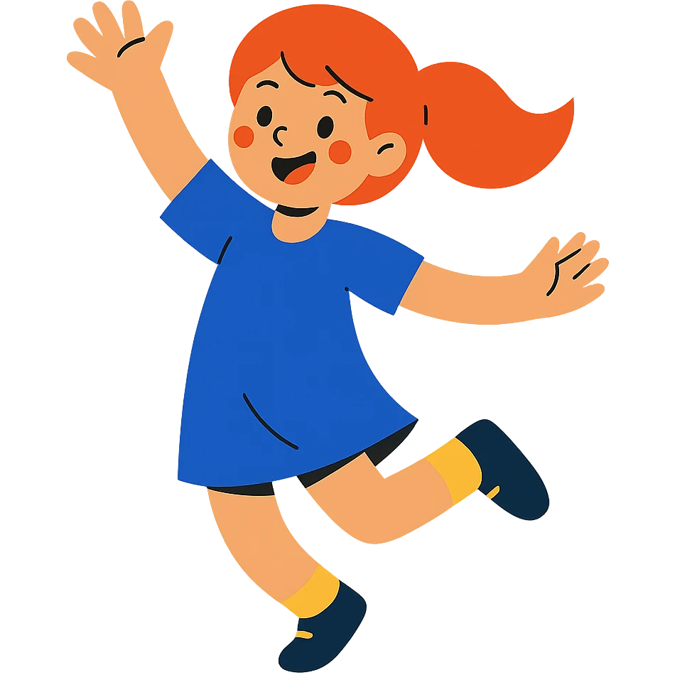 red-haired girl in a playful pose, jumping or dancing emoji