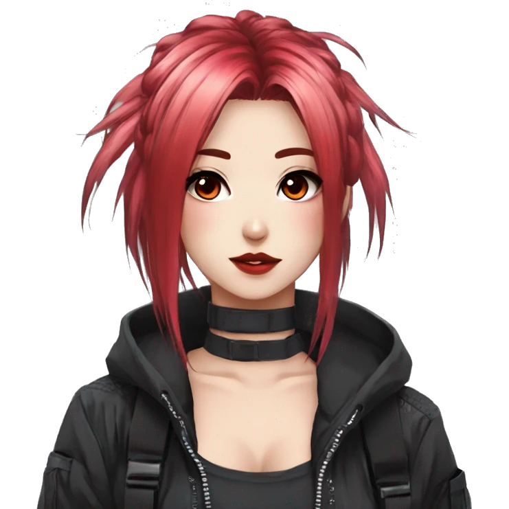Gorgeous techwear anime style lady with blushing face aesthetic and pretty edgy black red punk hair with hair garment trending style emoji