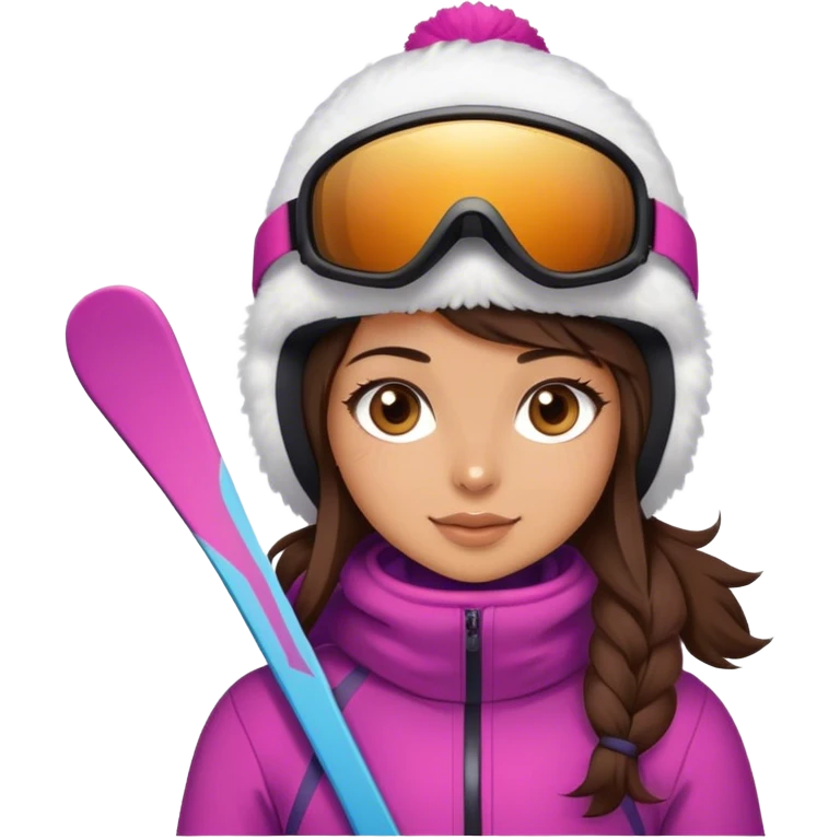 Cute brunette with light brown eyes skiing dressed in cute snow gear emoji