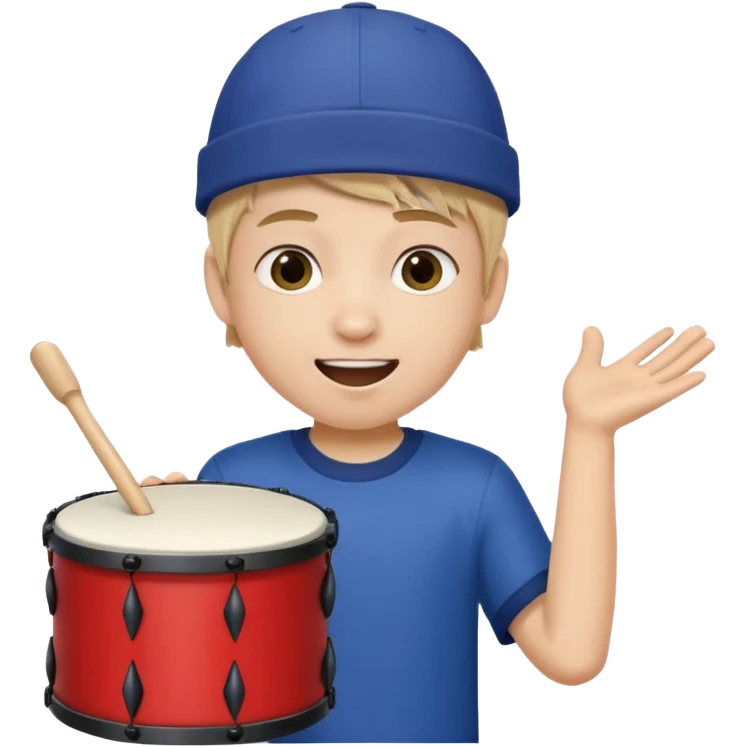 A young boy with a cap, wearing team colors, banging a small drum excitedly. emoji