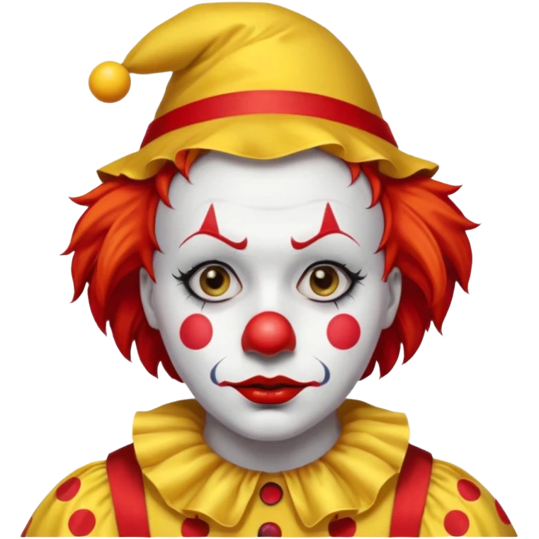 Yellow pointed hat with a red tip.

Red hair sticking out on the sides.

White face paint with black eyebrows, red nose, and red lips.

Wearing a yellow clown costume with red buttons.

Sad, concerned expression. emoji