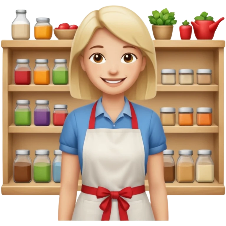 grown  2D line-drawn character + small bright shop emoji