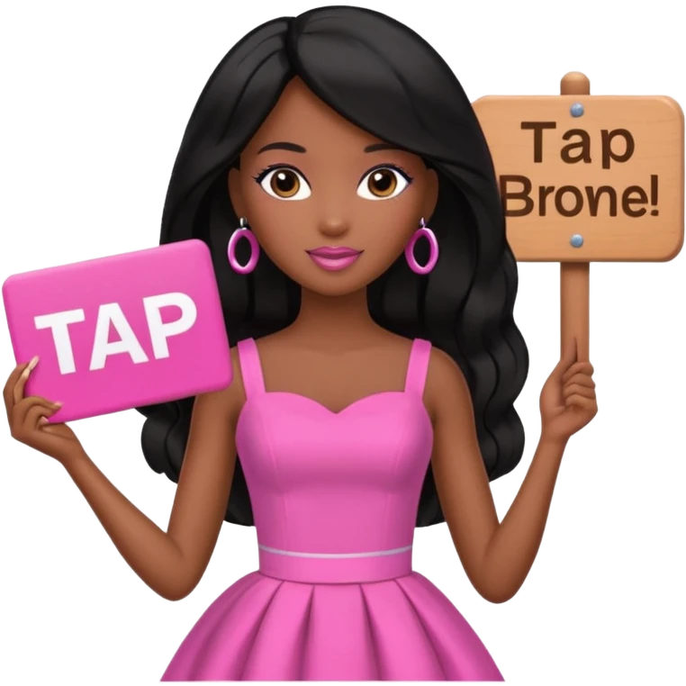 Black barbie, long black  hair, pink dress holding sign, that says tap emoji