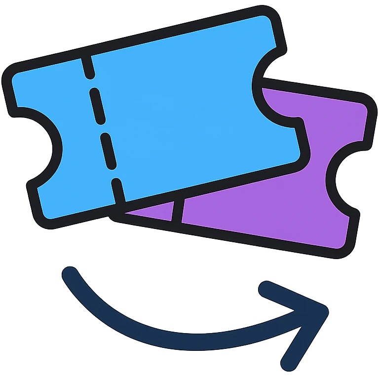 clean and minimal logo with two overlapping event tickets and a swipe motion, blue and purple palette emoji