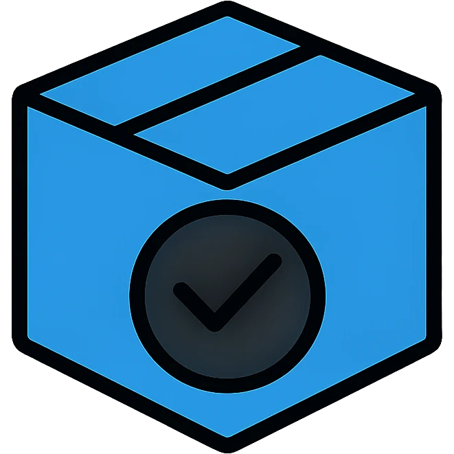 Blue box with a white checkmark in the middle and a slanted blue box emoji