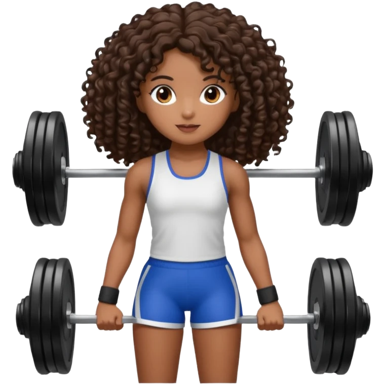 Uma boneca morena escura com olhos castanhos e cabelo cacheado longo até o peito, treinando Gym emoji