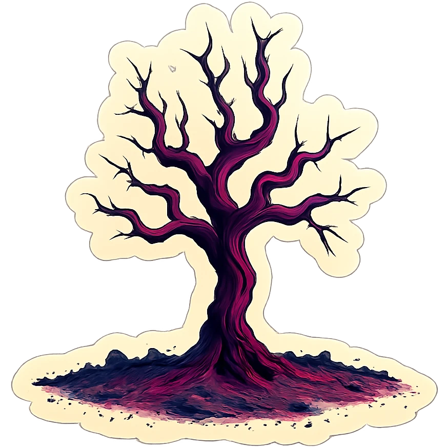 Repeat the tree from the reference image, preserving the shape and curves as much as possible. Use retro stickers style with clear black outlines, distinct shadows and highlights, no gradients, only sharp color transitions. emoji