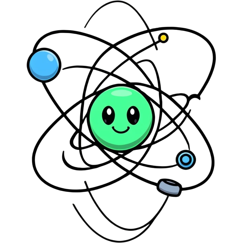 happy atom with animated valence electrons jumping around the outer shell emoji
