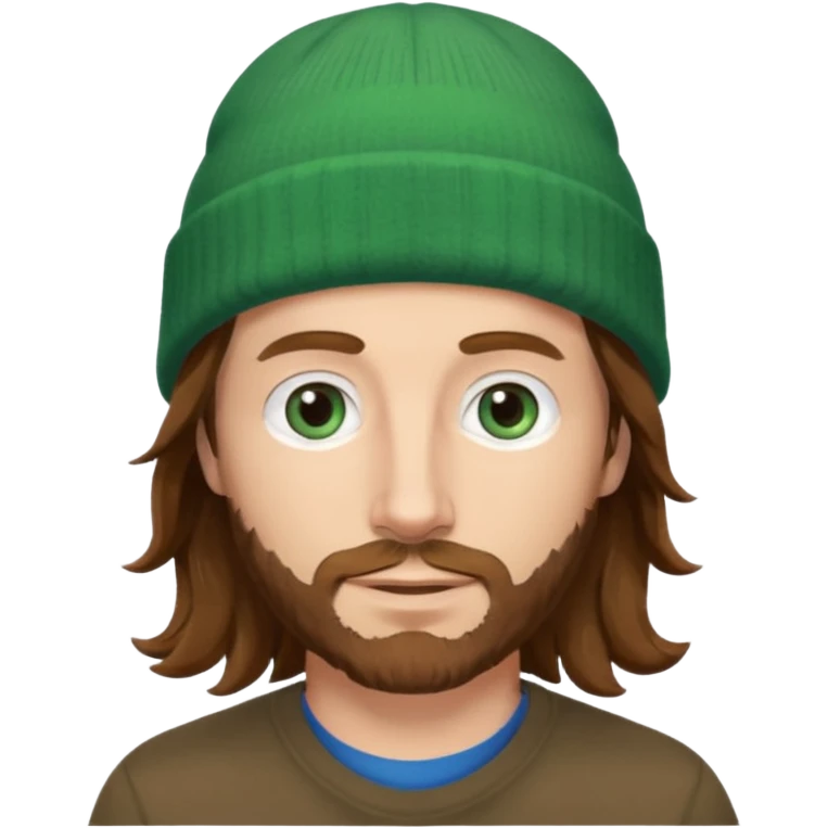 white man
aged 40
Blue eyes, 
mid length brown wavy hair
Green beanie hat emoji