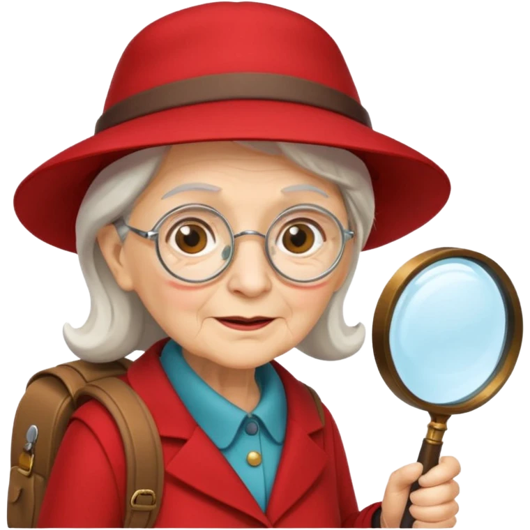 scout old woman with hat, backpack and magnifying glass, red emoji