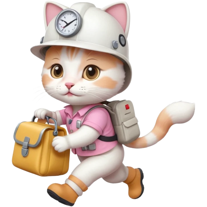 A cute white and pink cat dressed as engineer with a white helmet running very fast carrying her cute bag emoji