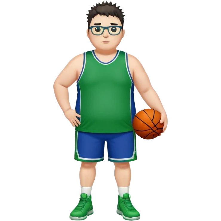 Full Body overweight white male with dark short spike hair basketball player wearing glasses wearing blue green uniform emoji