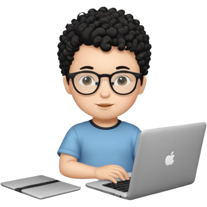 A baby boy DEVELOPER WITH A laptop, black curly hair and topknot, wearing glasses emoji