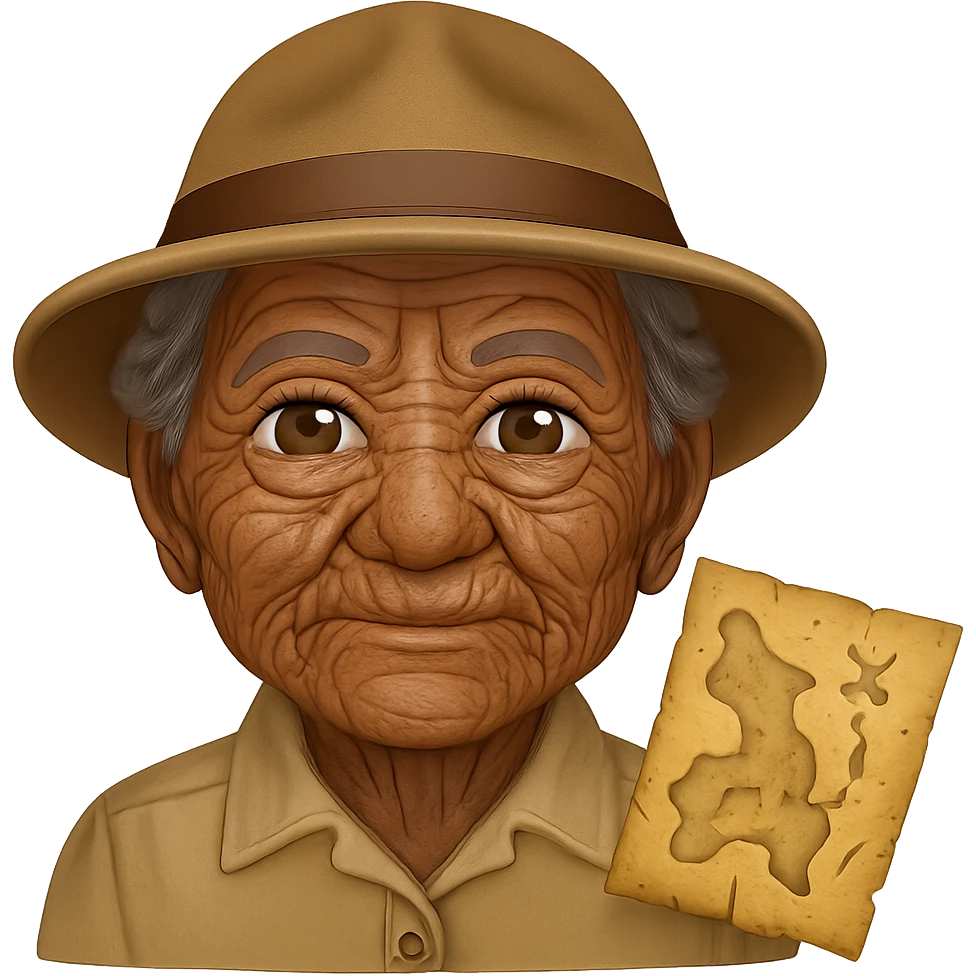 Add many distinct wrinkles at the corners of the eyes and around the mouth to make the woman look older. Keep the brown skin tone, the archaeologist hat, and the small map beside her. The background should be transparent. The original style is emoji style, so maintain the emoji look in the edit. emoji