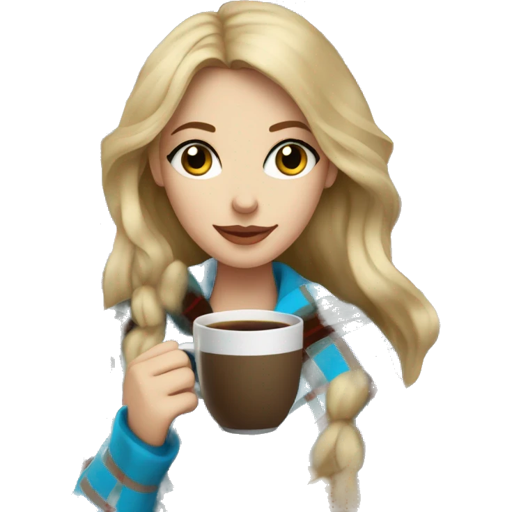 Dark blonde hair woman with blue eyes wrapped in plaid blanket drinking coffee emoji