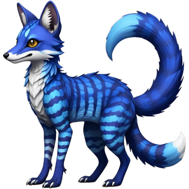 Feral Rare Fantasy scaled scaly evil spooky vibrant dark shady shaded detailed deep-dark-cobalt-blue-gradients-colored colorful Vernid-Sergal-Genet-Trico-Fox-species by LiLaiRa, with dark-blackish points, white belly, random markings, tufted tail, tufted ears, full body emoji