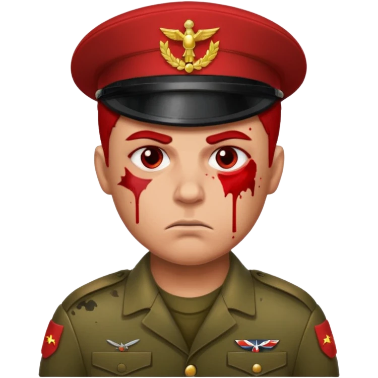 soldier with red skin tone, scowling, blood splatter on left cheek emoji