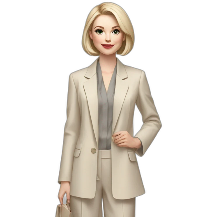 pale skin woman with ash blonde Straightened bob Hair, White Spacious classical jacket, beige palazzo Arrow pants and gray blouse holding a color palettes in the hands emoji
