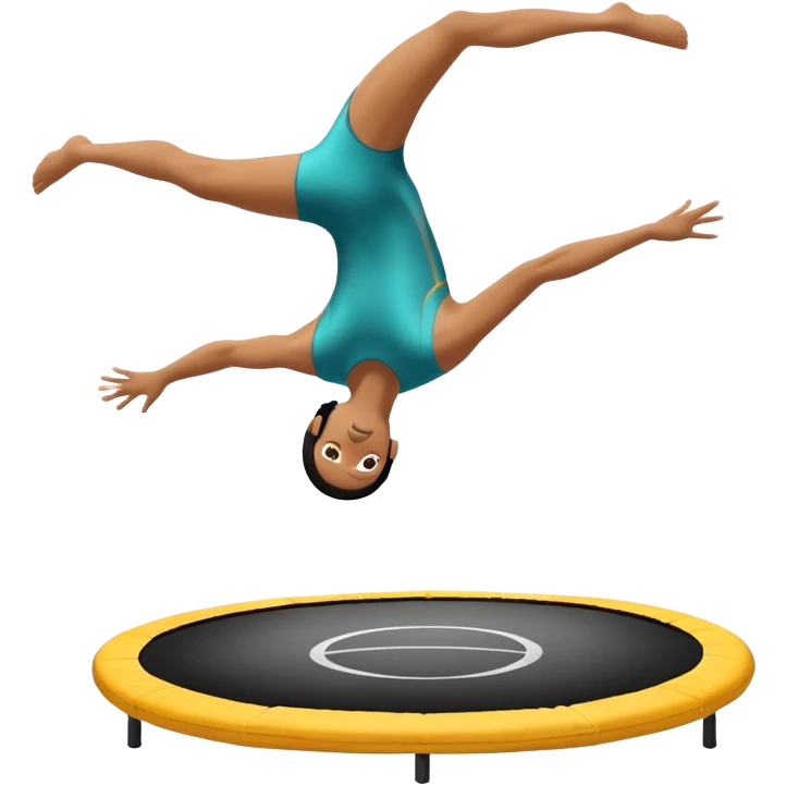 An athletic person soaring high above a trampoline, executing an acrobatic flip with perfect form. The scene captures motion and energy, with a dynamic pose, stretched limbs, and a focused expression. The background suggests a professional trampoline arena with safety padding. emoji