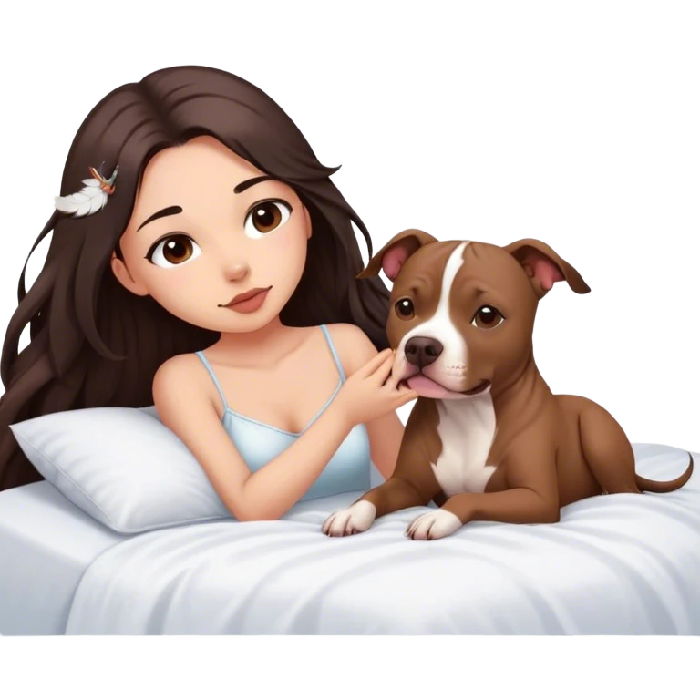A pretty girl with long dark hair feathers  cascading down her face sits on the bed with her brown pit bull  laying beside of her heart is flying all around emoji