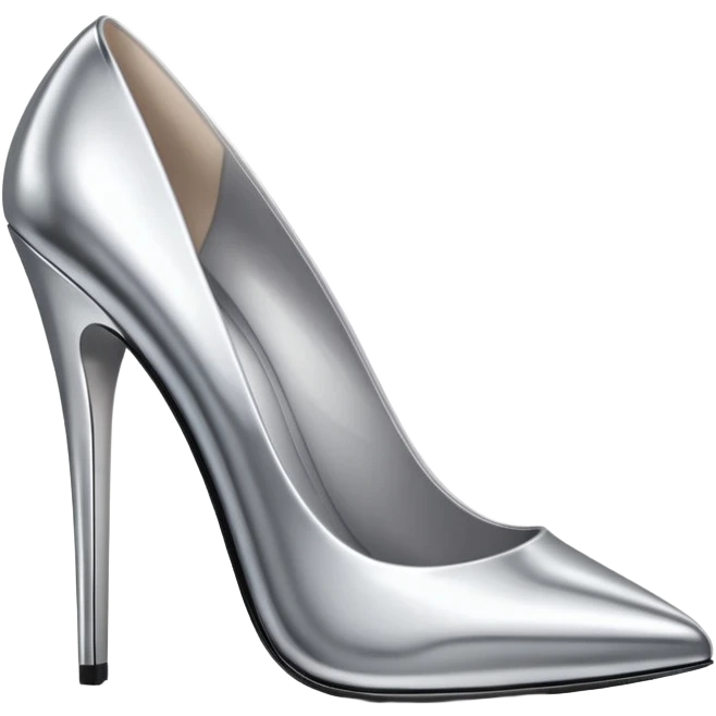 A pair of high heel shoes emoji made of polished silver chrome, elegant sharp silhouette, smooth metallic surface, glossy reflections, luxury sexy vibe, minimalistic iOS emoji style, centered, clean white background emoji