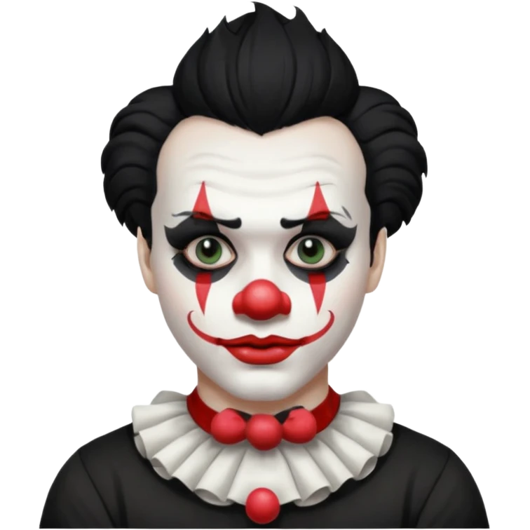 man with black hair only black and white clown makeup black eye makeup black lipstick black t-shirt emoji