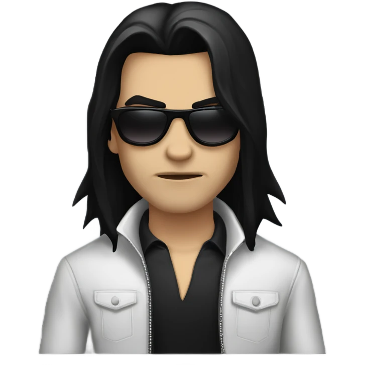 Vampire male, with long black hair, masculine face, fine lips, serious face expression, black sunglasses, lather jacket, underneath black t-shirt emoji
