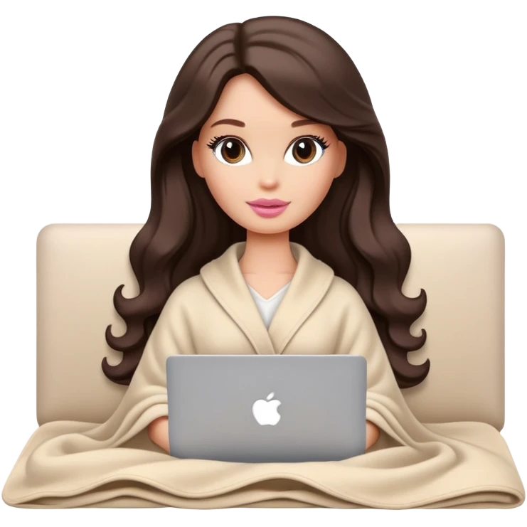 Barbie girl with a long wavy dark brown hair in pale beige clothes inside a pale beige blanket working macbook  emoji