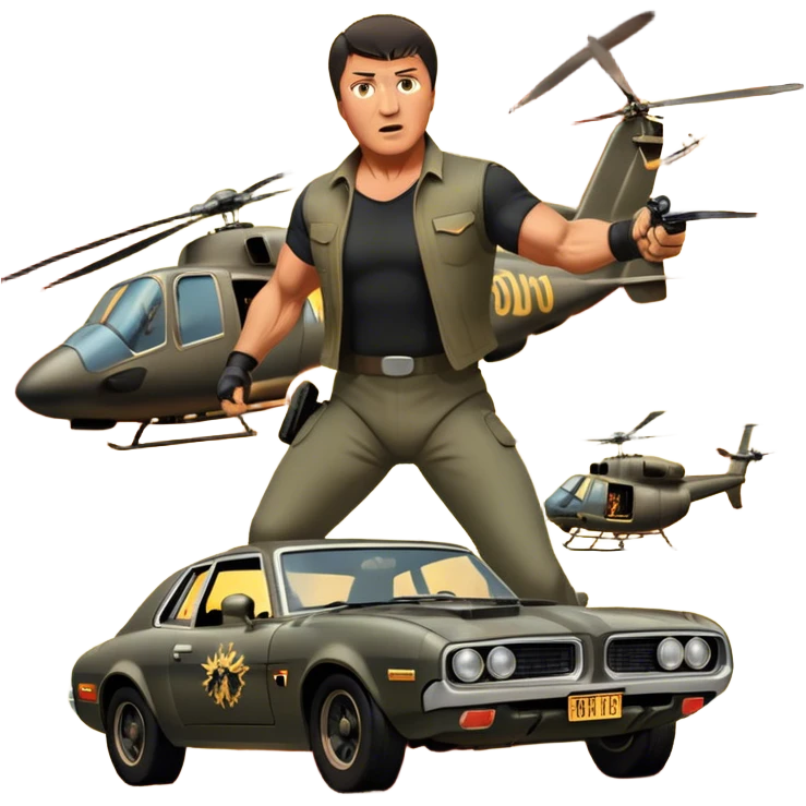 Icon for Action Movie: A vintage movie poster-style design featuring intense action scenes with explosions, weapons, and dramatic poses of Stallone. Include cars and helicopters flying out of flames in the background. Bold typography and retro cinematic style. Transparent background. emoji