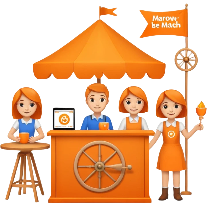emoji of a recruitment booth. Two cartoon figures stand behind an orange colored table with 'MARROW, be a match' branding, a colorful spinning wheel, and a branded vertical banner. Simplified and cute. emoji