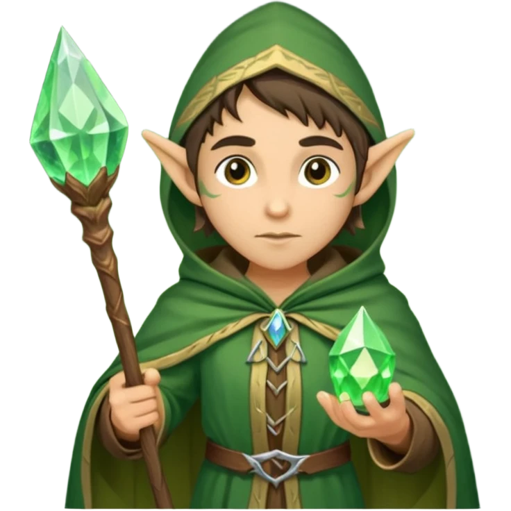 {
      "type": "human",
      "look": "forest elf mage, green cloak, wooden staff, glowing crystal tip",
      "description": "a forest elf mage in green cloak holding a wooden staff with a glowing crystal tip"
    } emoji