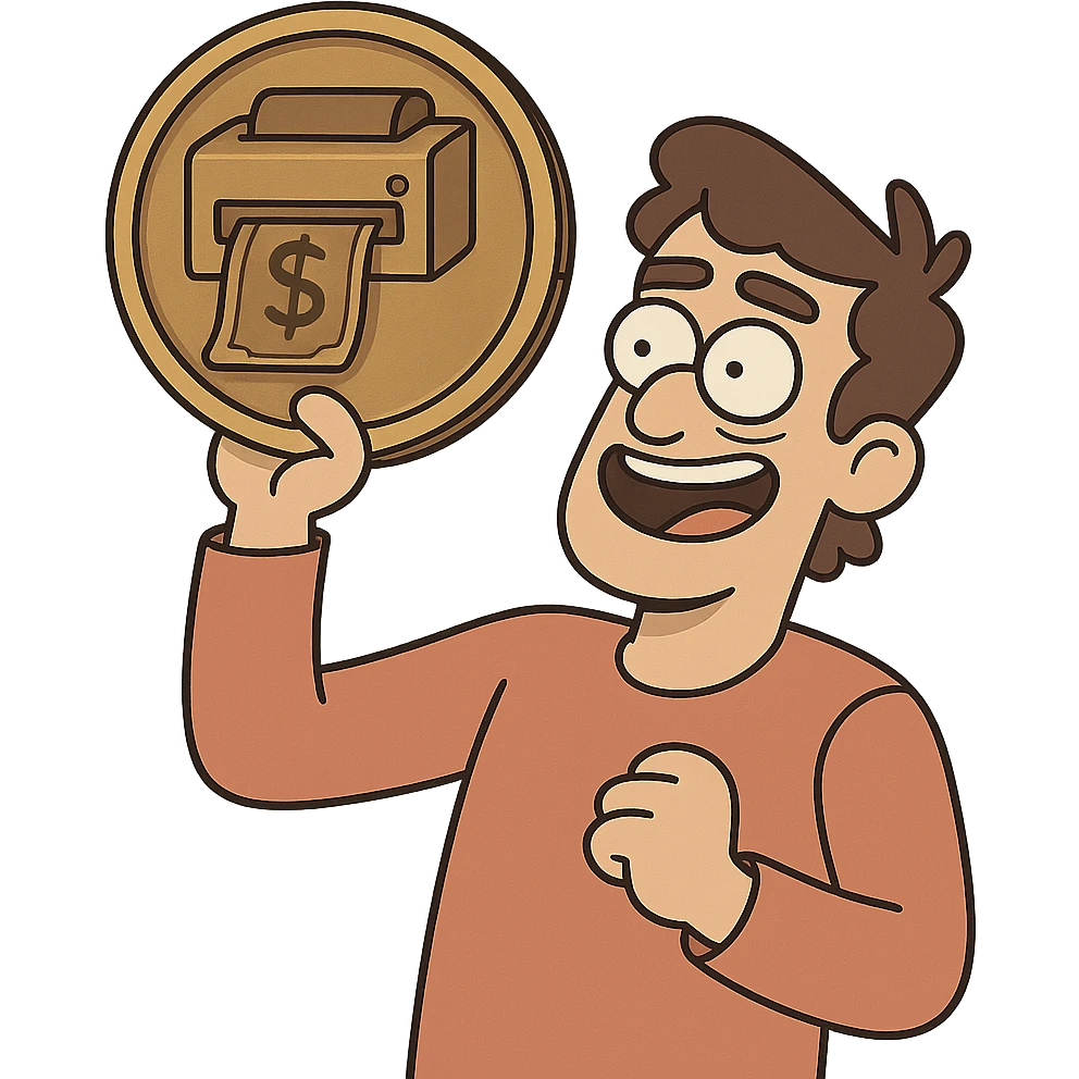 round coin featuring a stylized money printer, embossed effect, flat toon style emoji