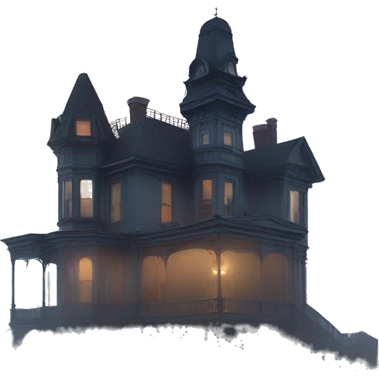 A ramshackle Victorian mansion looms through dense fog at dusk  emoji