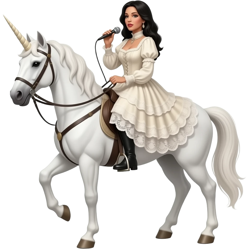 realistic cinematic singer Cher  in victorian styling with lace ride the unicorn in wood emoji