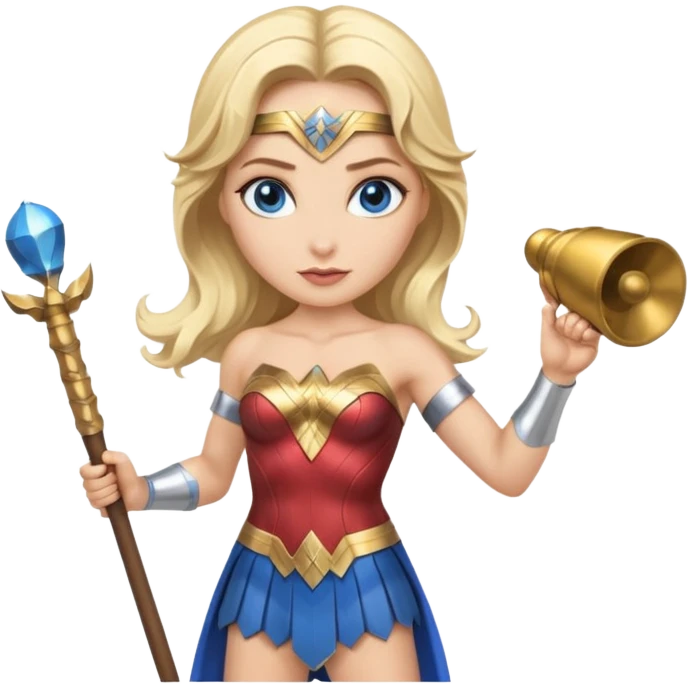 Blonde blue eyed Wonder Woman holding baton and bell emoji