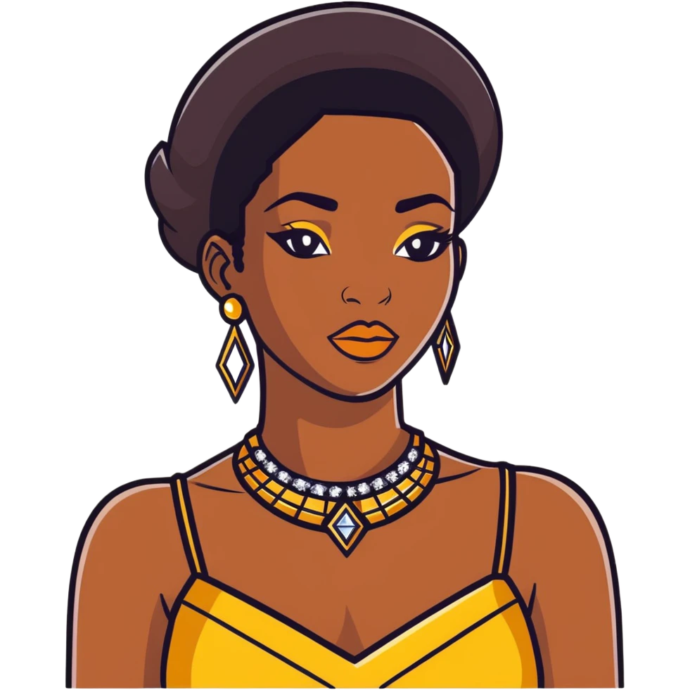 beautiful, curvy African American woman with dark brown skin, straight black hair, bold makeup, gold jewelry, diamonds, confident pose, inspired by Bratz doll emoji