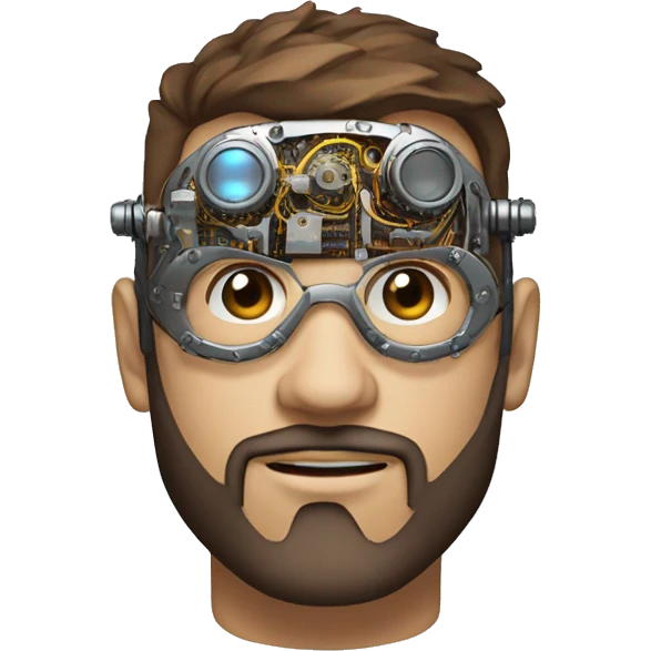 male cyborg head with brown short hair, brown beard, silver steampunk goggles and circuits emoji