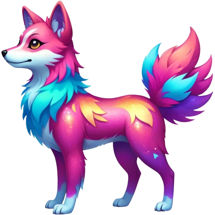 Vibrant multicolored neon-colored Falvie-Fionbri-creature-sparkle-dog-fursona, full body emoji