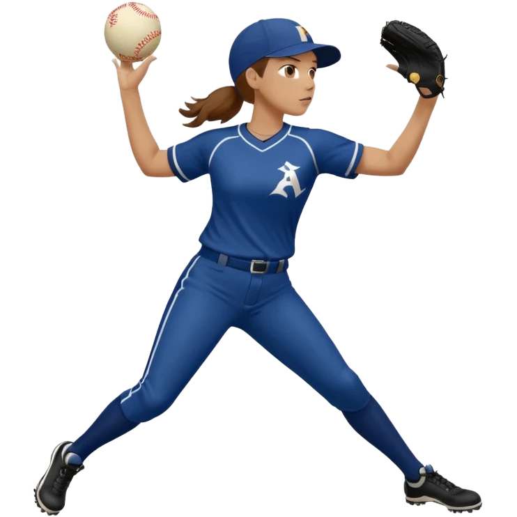 Softball pitcher pitching the ball from side view with brown hair and dark blue jersey and no hat emoji