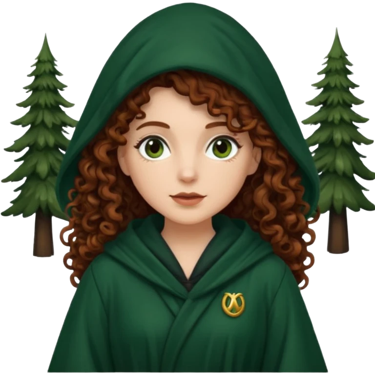 A white woman, a little thicker, with long dark auburn hair robed and hooded like she's a Traitor in the tv show The Traitors. her hair is mostly curly (kinda frizzy, not clean curls) and the robe is a dark dark forest green green emoji
