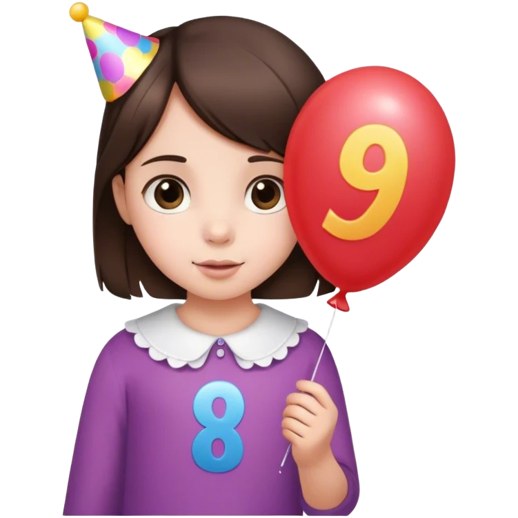 Little brunette girl with a birthday balloon that has a 9 on it emoji