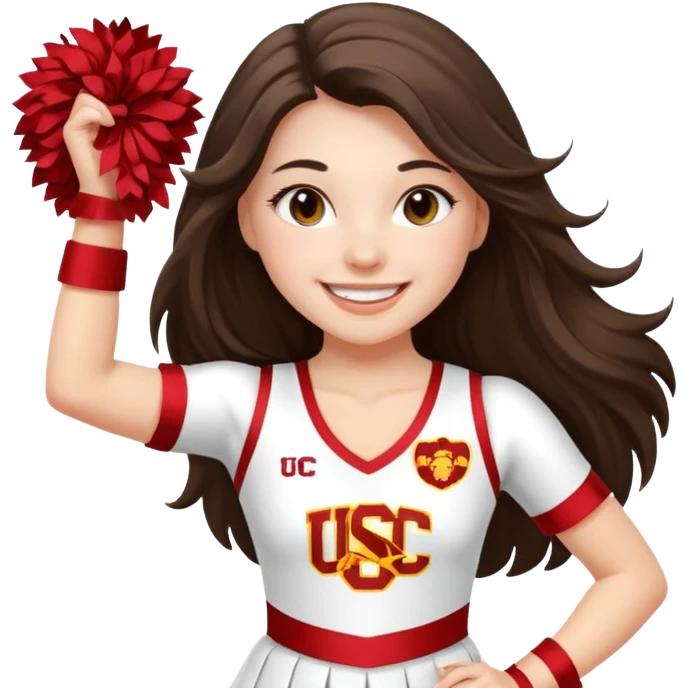 white happy long haired brunette girl in a white USC cheerleader outfit emoji